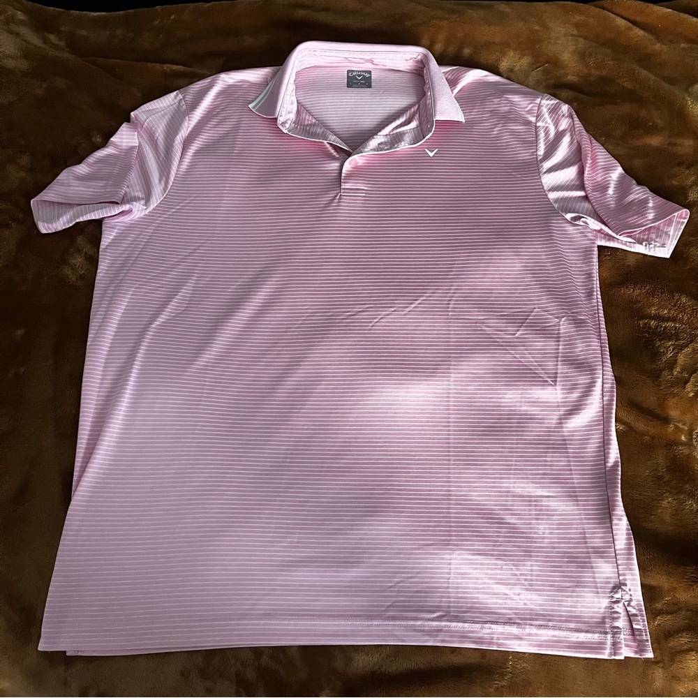 Callaway Opti-Dri Pink White Striped Golf Polo Shirt Men's Size L Short Sleeve
